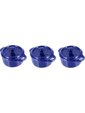 Mini Round Cocotte Set - 3-Piece Ceramic Dutch Oven in Dark Blue - Perfect for